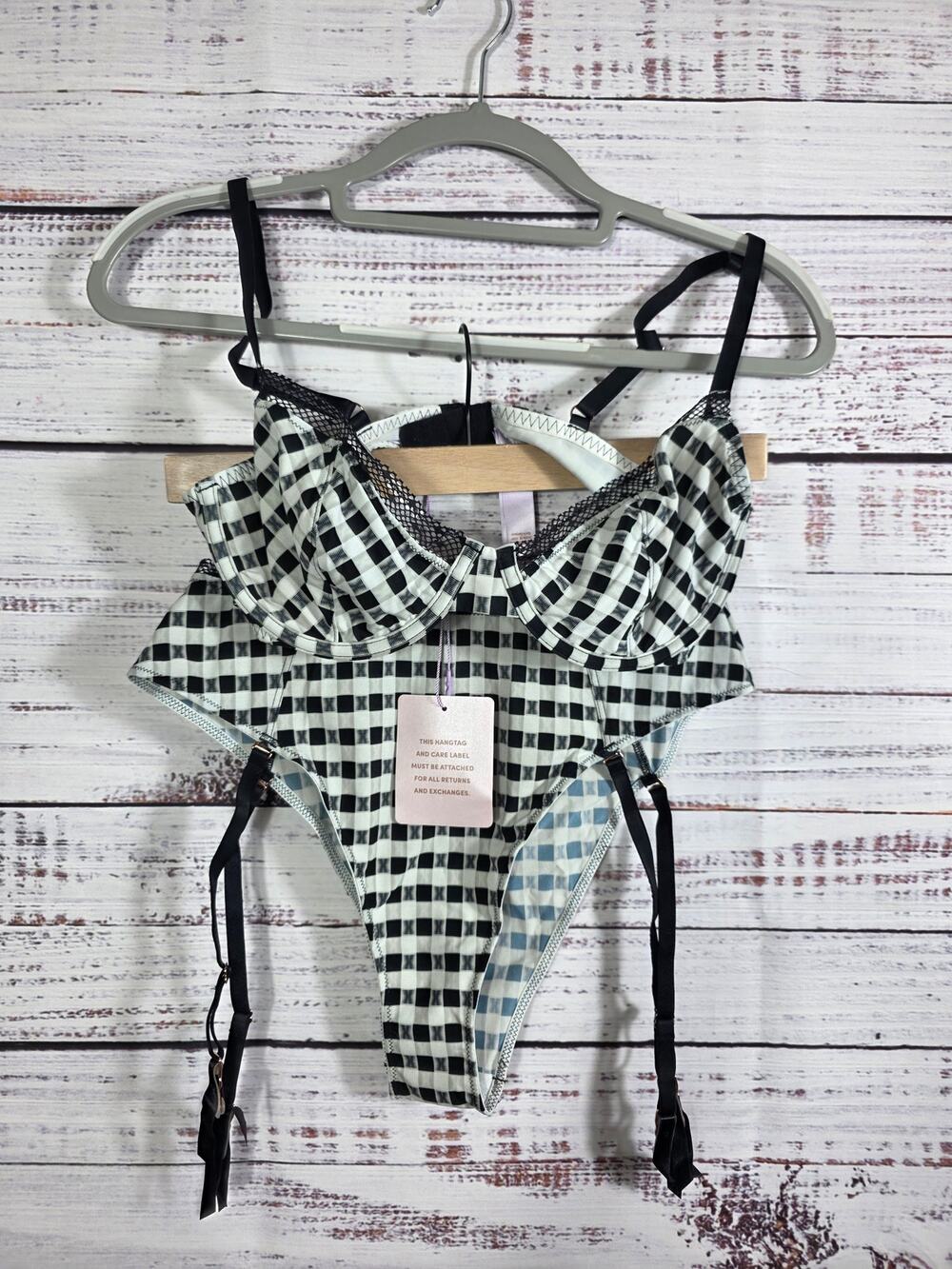 Salvage Fenty Gingham Remix Unlined Bra 36c and Garter M Cheeky